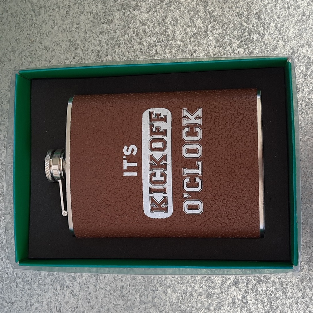 Flask 8oz Football Inspired Game Day It's Kickoff O'clock Stainless Steel NIB